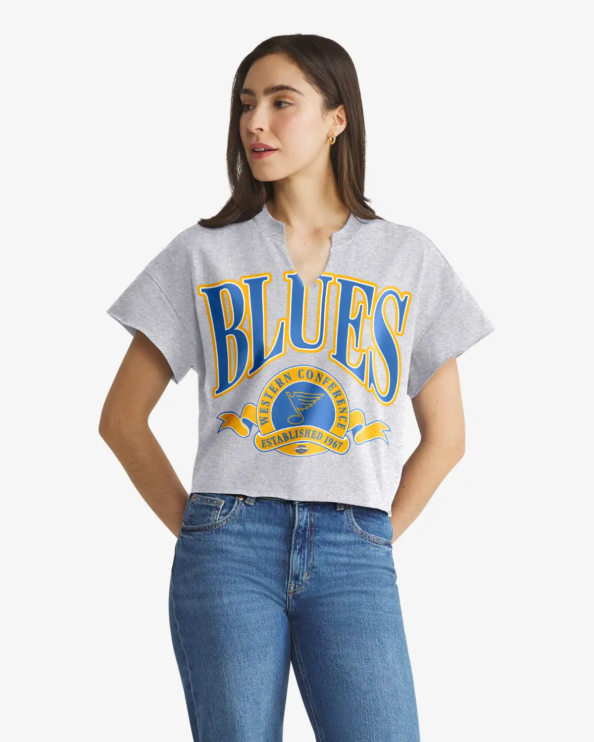 ST LOUIS BLUES BANNERS OUT '47 WOMEN'S OVERSIZED NOTCH NECK TEE